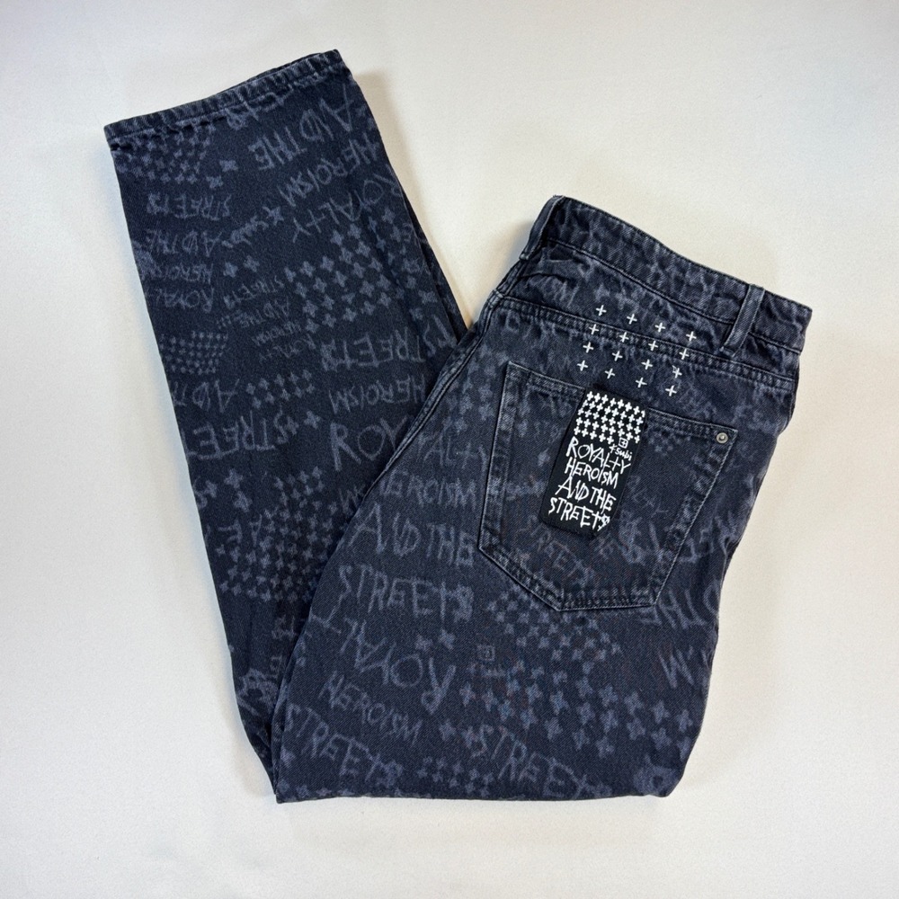 Ksubi Anti K Heroism Jeans Men's 34x30 Black Relaxed All Over Print Gaphic Denim